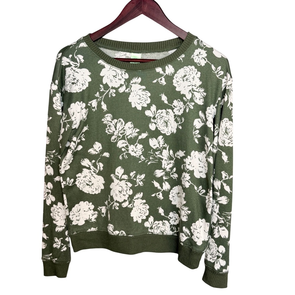 Honeydew Sweatshirt Womens M Green Poly Spandex Floral Rose Crewneck Pullover